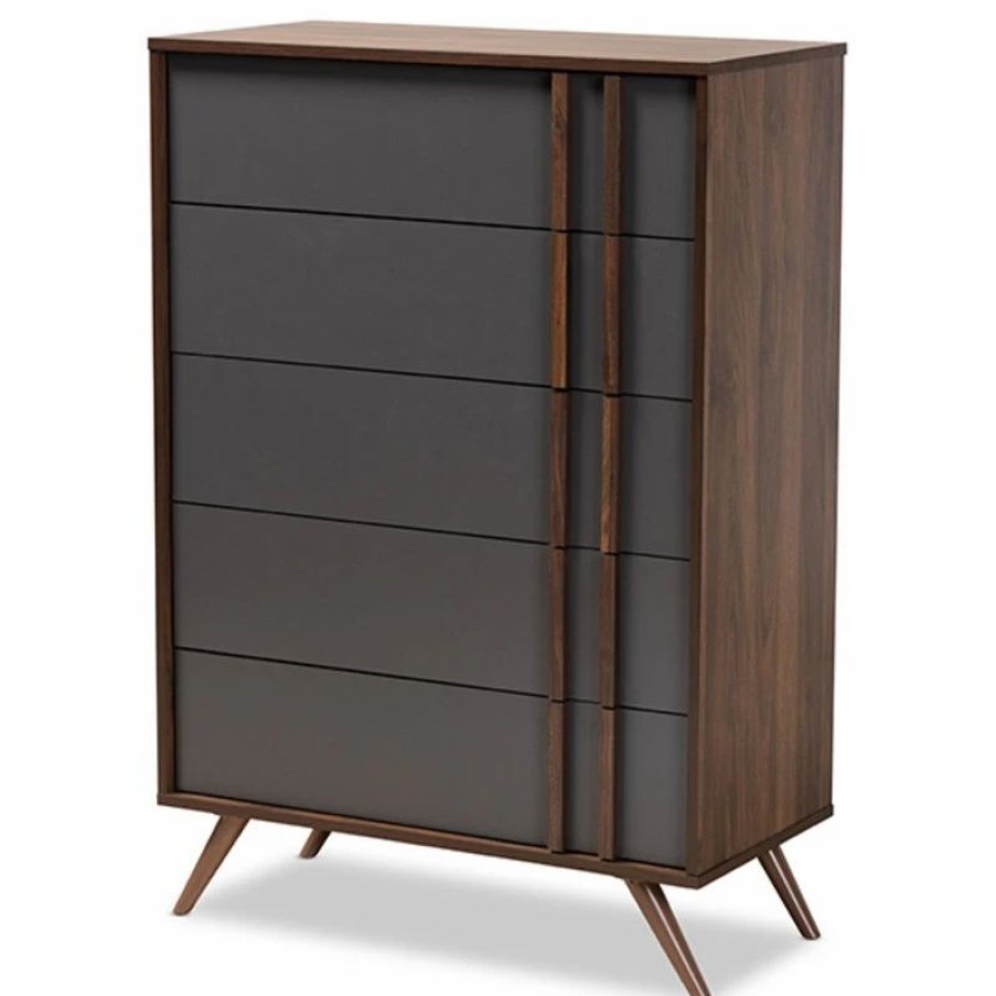 Accent Chests & Cabinets * | Baxton Studio Naoki Modern Two, Tone Gray Walnut Finished Wood 5, Drawer Bedroom Chest