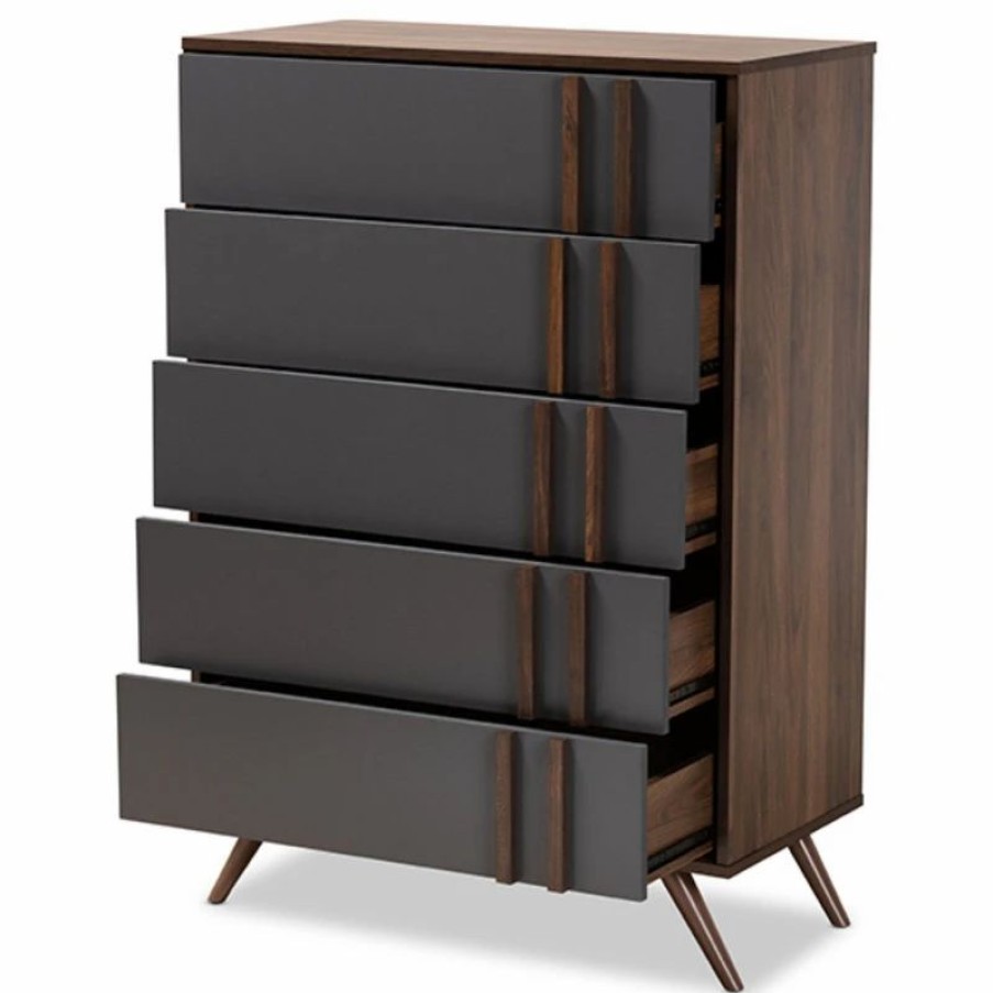 Accent Chests & Cabinets * | Baxton Studio Naoki Modern Two, Tone Gray Walnut Finished Wood 5, Drawer Bedroom Chest