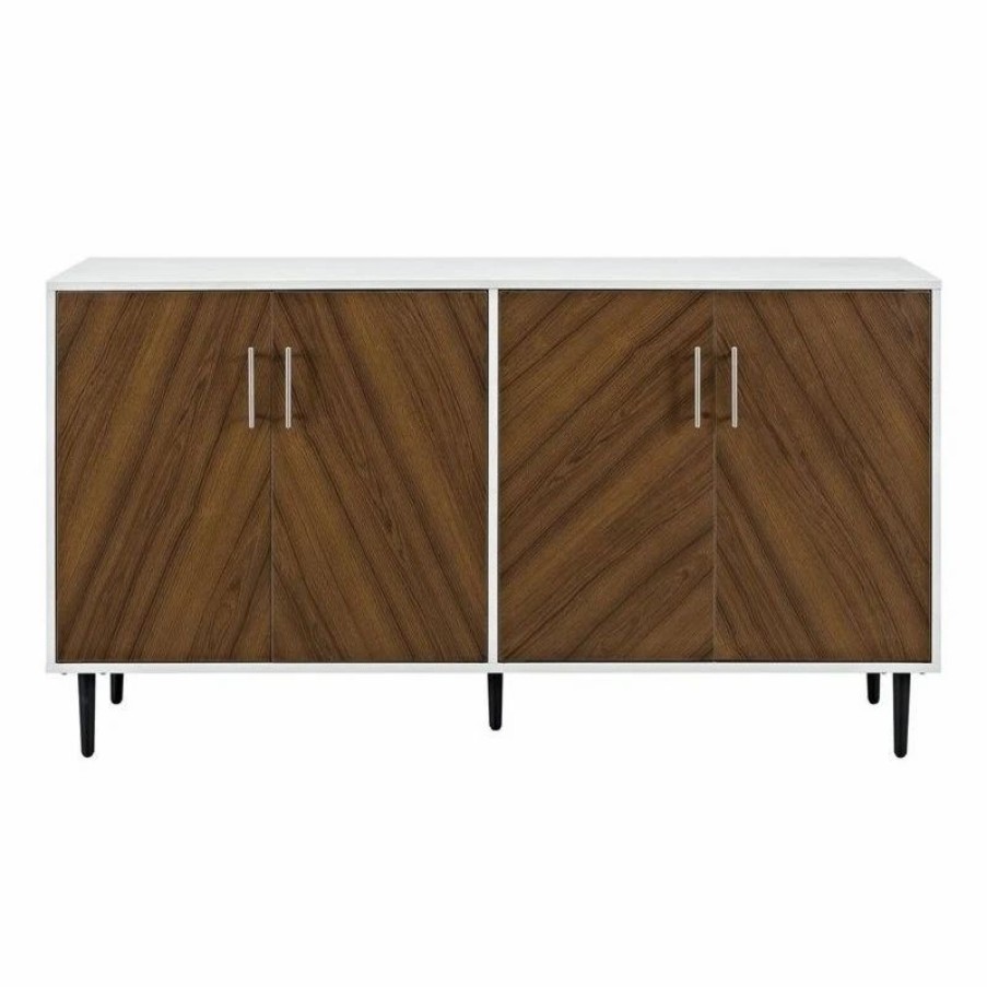 Buffets & Sideboards * | Pemberly Row 58 Modern Bookmatch Buffet White And Teak