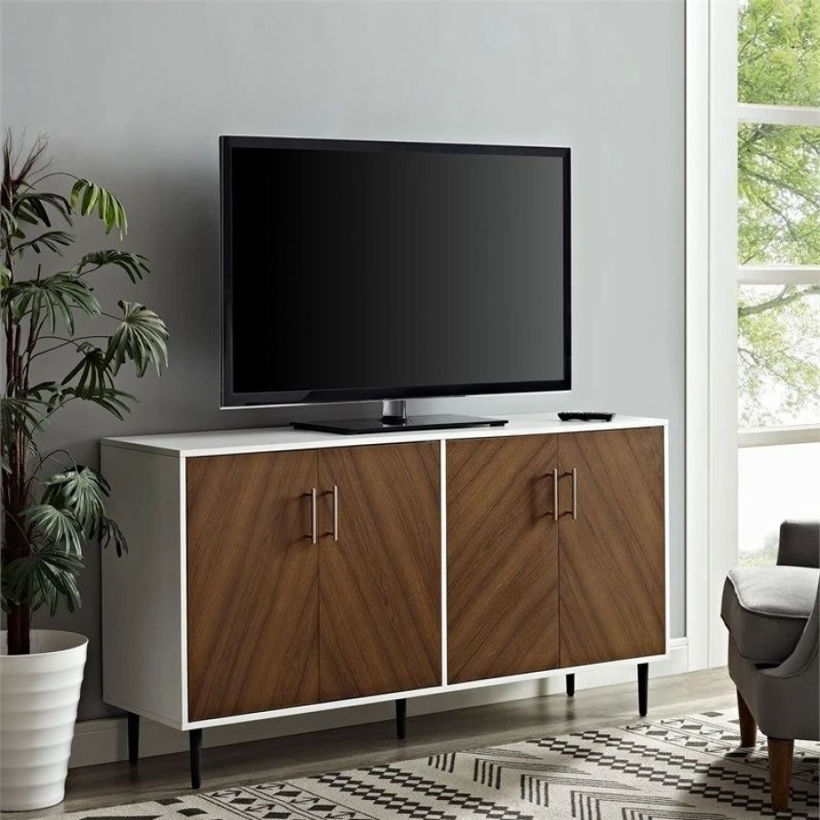 Buffets & Sideboards * | Pemberly Row 58 Modern Bookmatch Buffet White And Teak