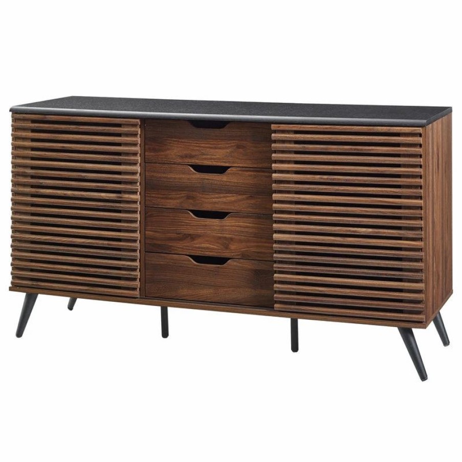 Buffets & Sideboards * | Walker Edison 59 Havana Sliding Slat Door 4 Drawer Sideboard, Ebony/Dark Walnut