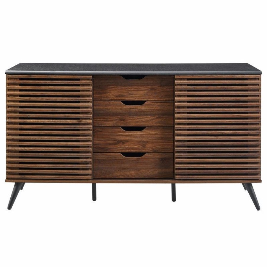 Buffets & Sideboards * | Walker Edison 59 Havana Sliding Slat Door 4 Drawer Sideboard, Ebony/Dark Walnut