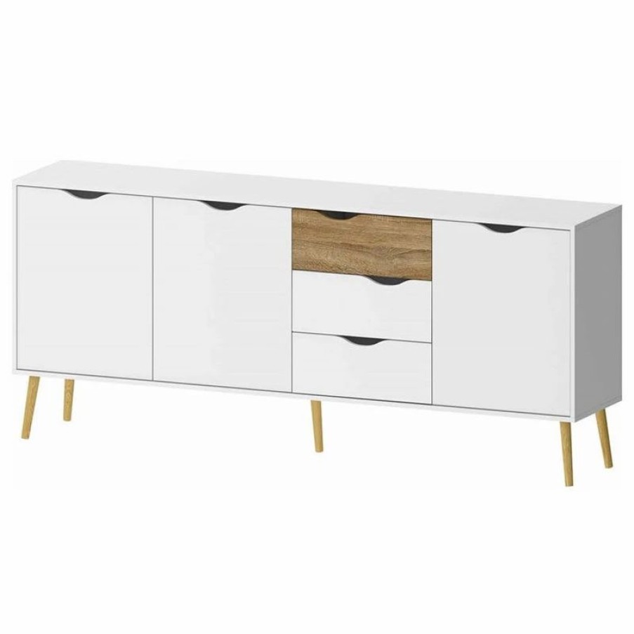 Buffets & Sideboards * | Pemberly Row Mid-Century Engineered Wood 77 Sideboard In White And Oak