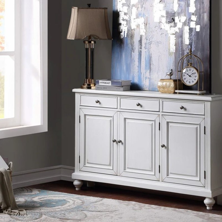 Buffets & Sideboards * | Coast To Coast Imports, Llc Dove White Rub 3 Door 3 Drawer Credenza