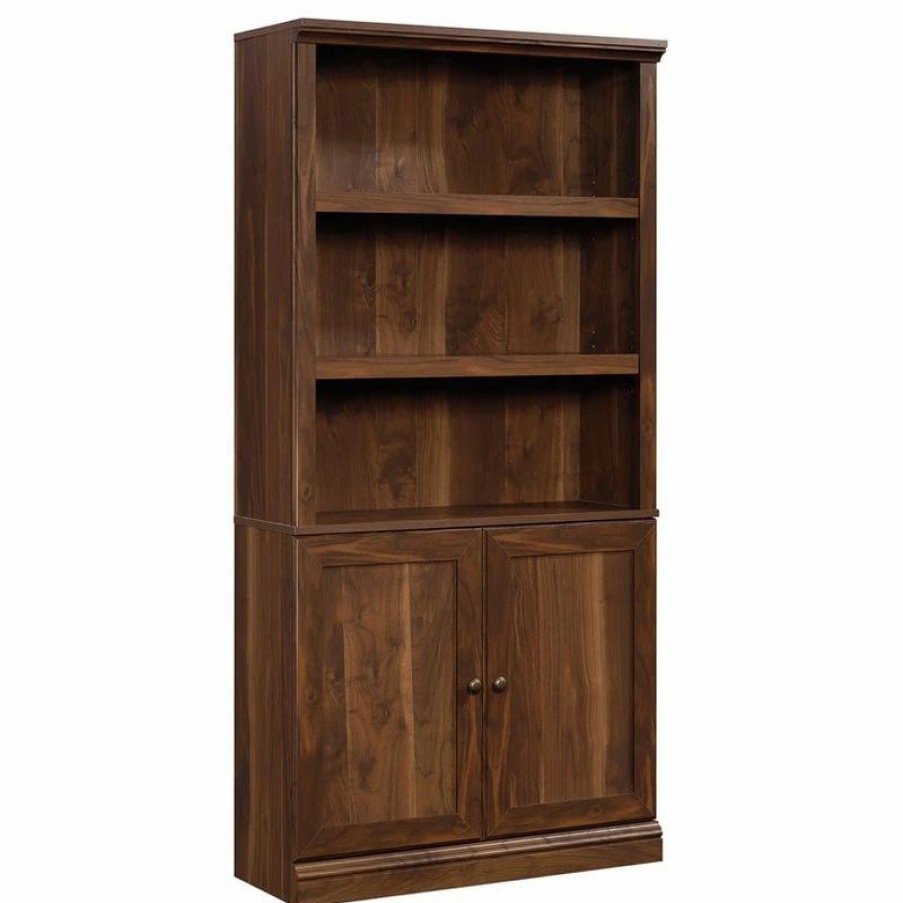 Bookcases * | Sauder Misc Storage 3-Shelf 2-Door Tall Wood Bookcase In Grand Walnut