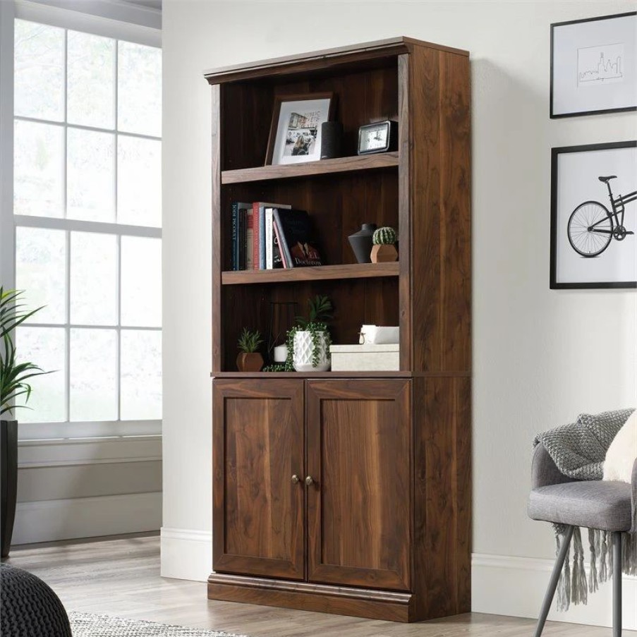 Bookcases * | Sauder Misc Storage 3-Shelf 2-Door Tall Wood Bookcase In Grand Walnut