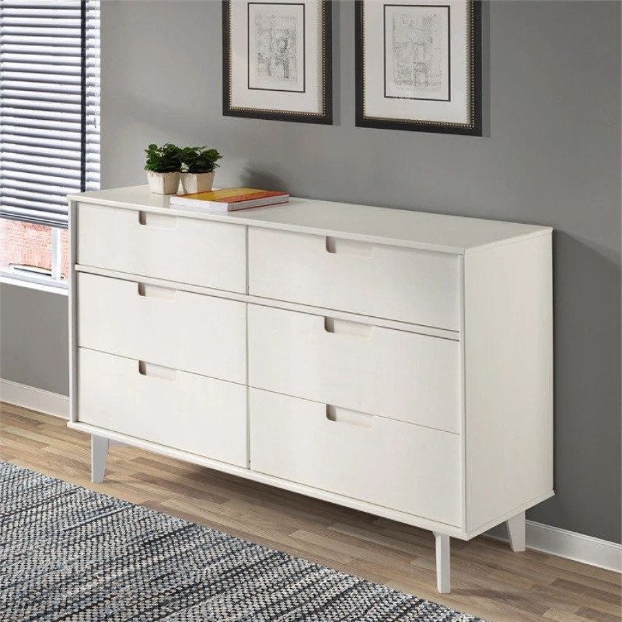 Dressers * | Walker Edison 6-Drawer Groove Handle Wood Dresser White