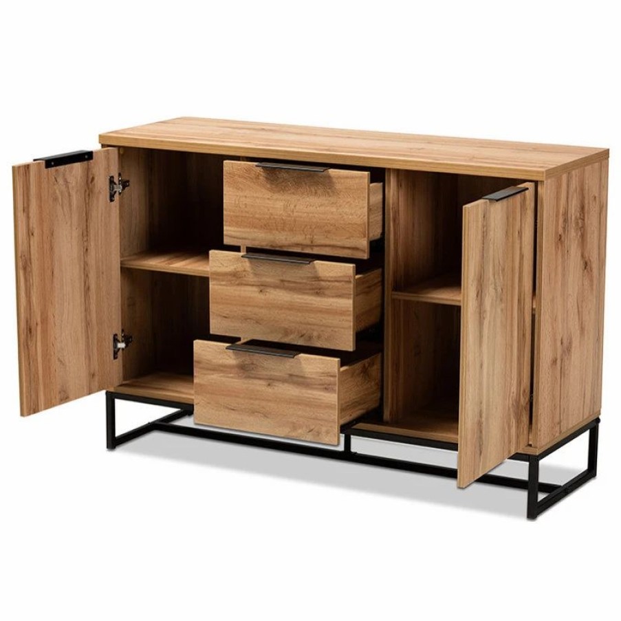 Buffets & Sideboards * | Wholesale Interiors Reid Modern Industrial Oak Wood And Black Metal 3-Drawer Sideboard Buffet