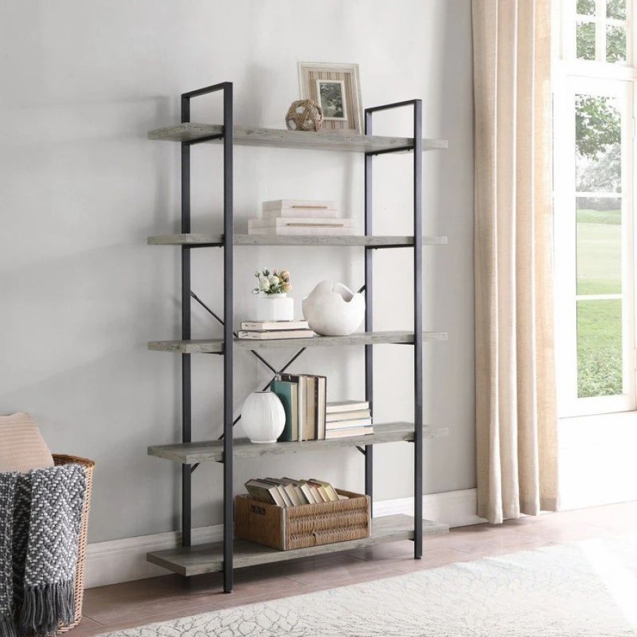 Bookcases * | Belleze Industrial Bookcase Open Etagere Book Shelf Metal/Wood, Gray Wash, 5 Shelves