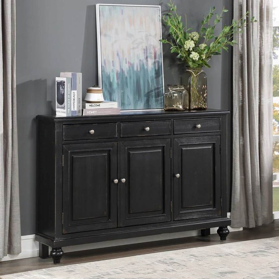 Buffets & Sideboards * | Coast To Coast Imports, Llc Raven Black Rub 3 Door 3 Drawer Credenza