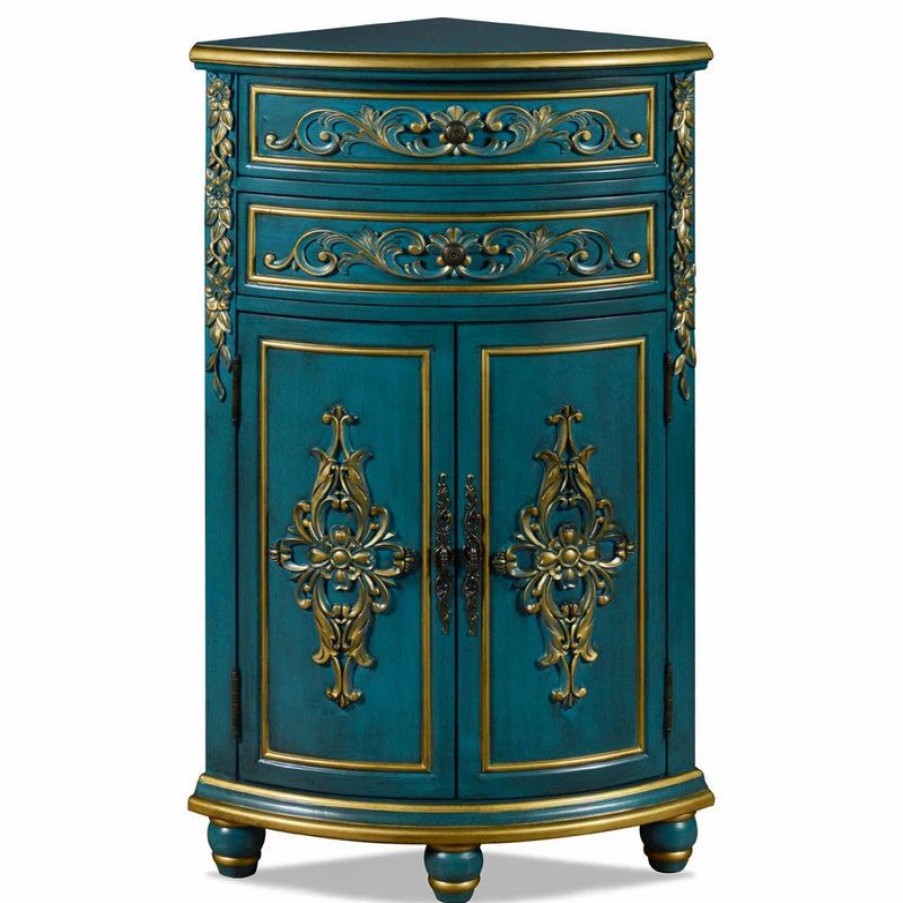 Accent Chests & Cabinets * | China Furniture And Arts Aquamarine Blue And Gold French Style Oriental Round Corner Cabinet