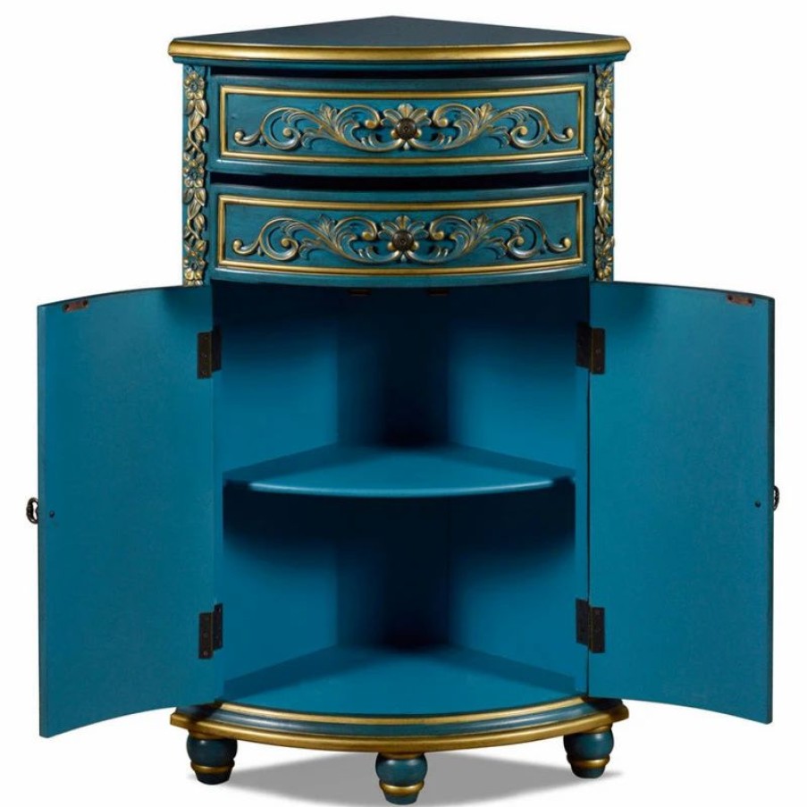 Accent Chests & Cabinets * | China Furniture And Arts Aquamarine Blue And Gold French Style Oriental Round Corner Cabinet