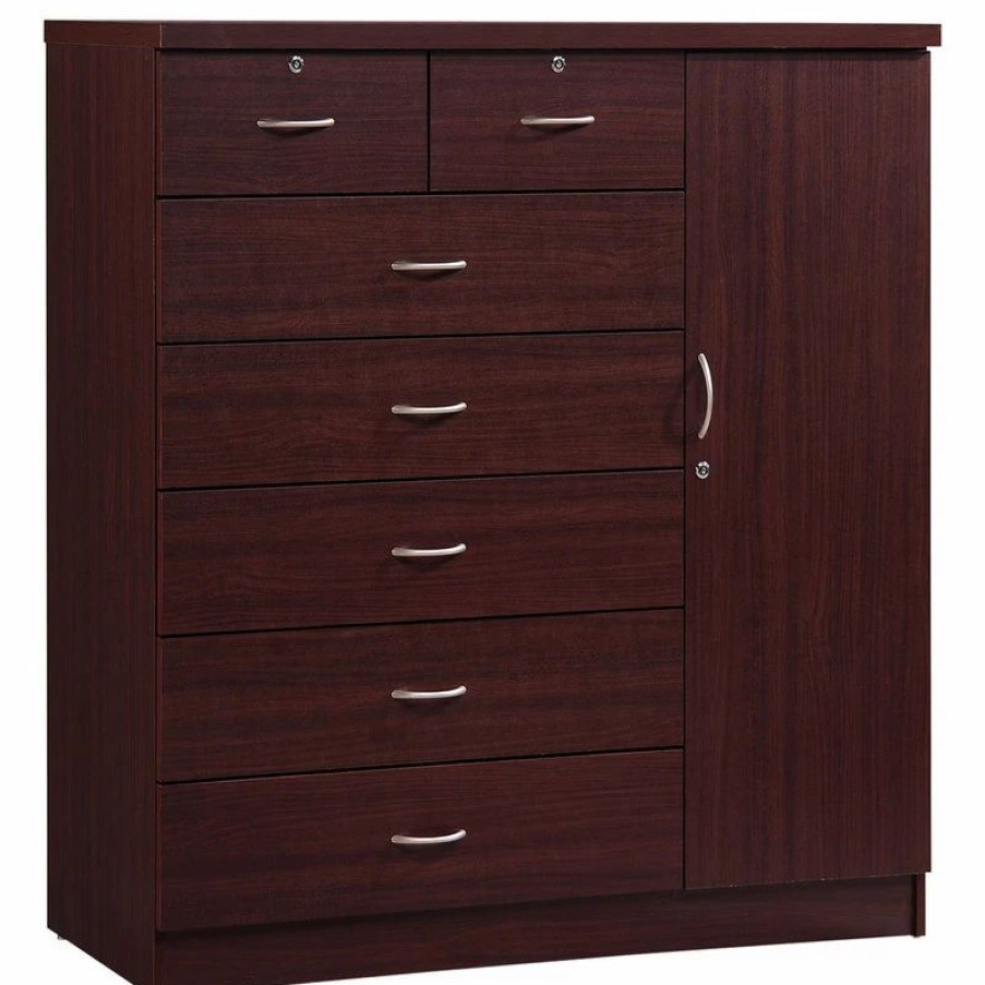 Dressers * | Hodedah Import Inc. 7 Drawer Jumbo Chest, With Additional Door, Mahogany