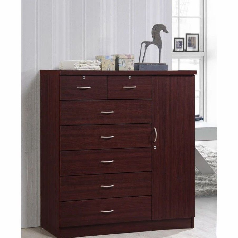 Dressers * | Hodedah Import Inc. 7 Drawer Jumbo Chest, With Additional Door, Mahogany