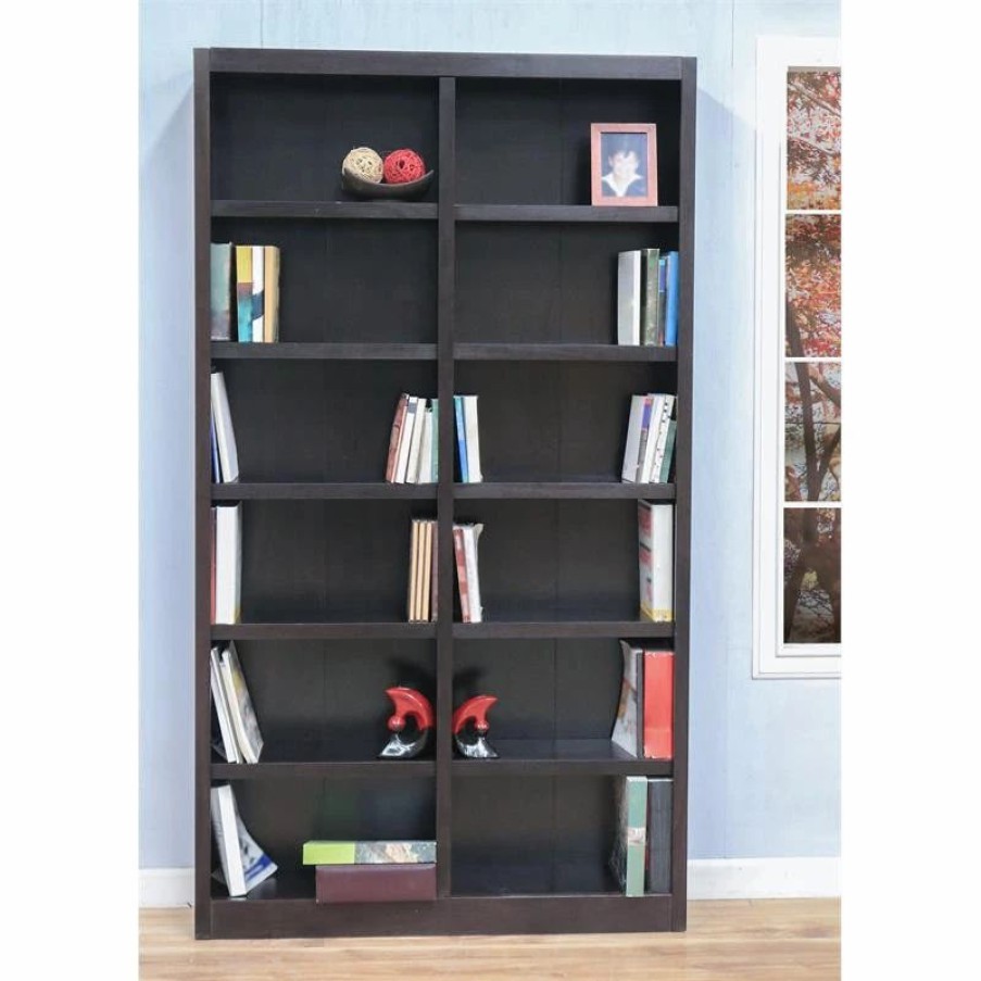 Bookcases * | Concepts In Wood Traditional 84 Tall 12-Shelf Double Wide Wood Bookcase In Espresso