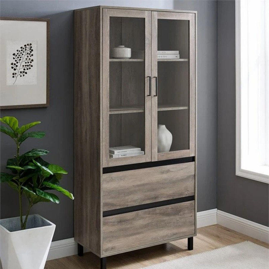 China Cabinets & Hutches * | Pemberly Row 68 Glass Door Storage Hutch With Adjustable Shelves In Gray Wash