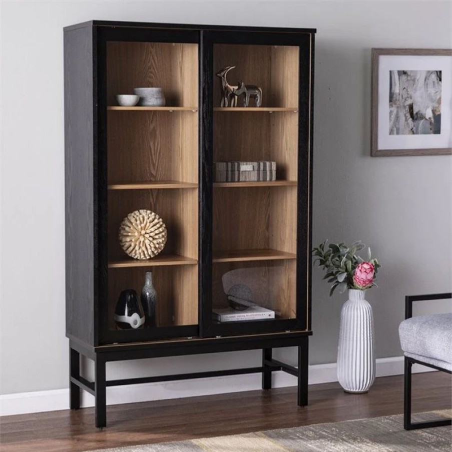 China Cabinets & Hutches * | Maklaine Farmhouse Engineered Wooden Curio Cabinet In Black And Natural