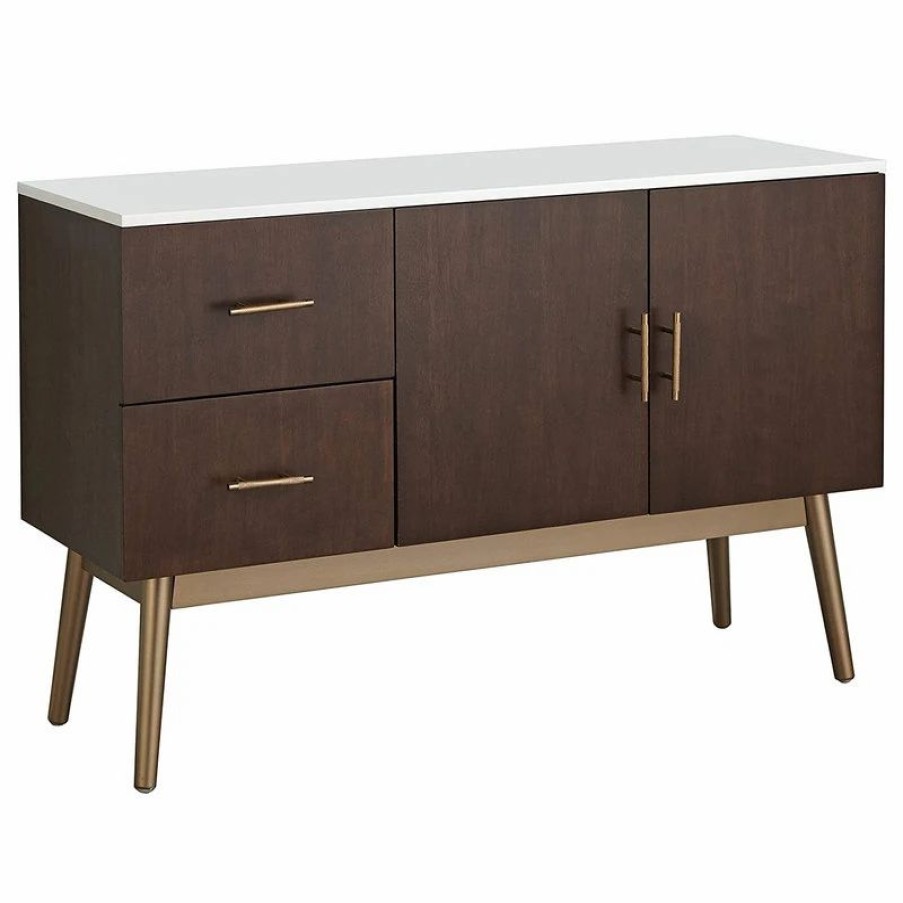 Buffets & Sideboards * | Decorn Mid Century Sideboard, Elegant Gold Finished Base With Walnut Cabinets & Drawers