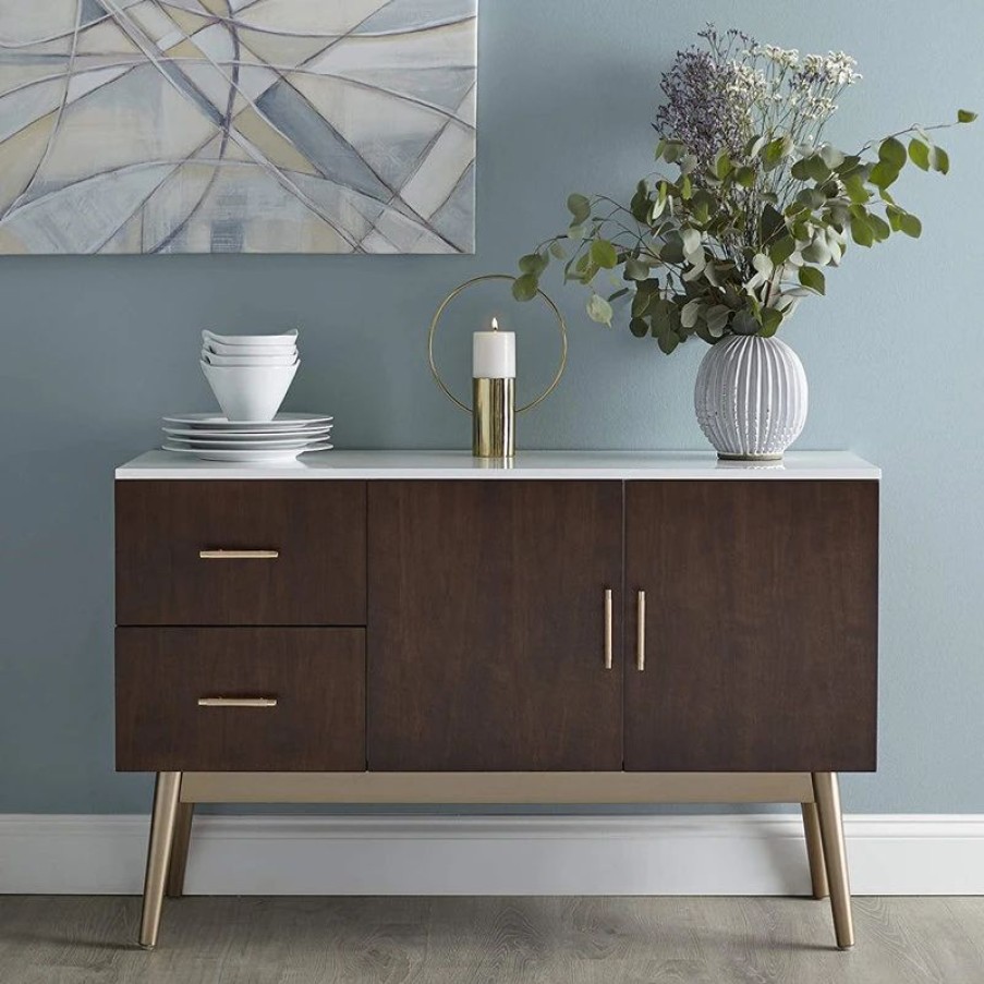 Buffets & Sideboards * | Decorn Mid Century Sideboard, Elegant Gold Finished Base With Walnut Cabinets & Drawers