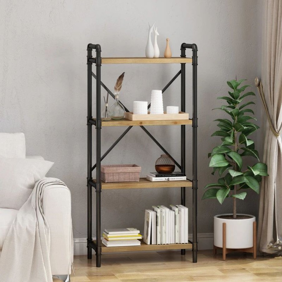 Bookcases * | Gdfstudio Astrid Industrial Iron Four Shelf Bookcase, Black Finish, Antique Brown Finish