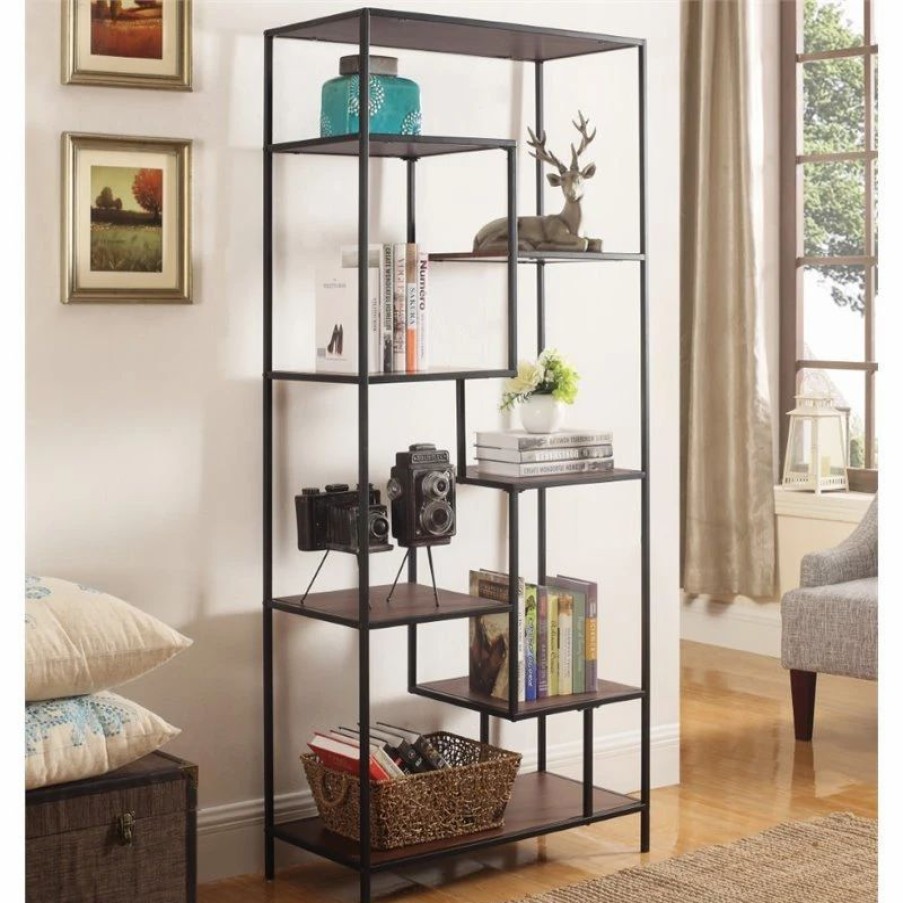 Bookcases * | Coaster Home Furnishings Coaster 31 Casual Staggered Metal Bookcase In Walnut And Black