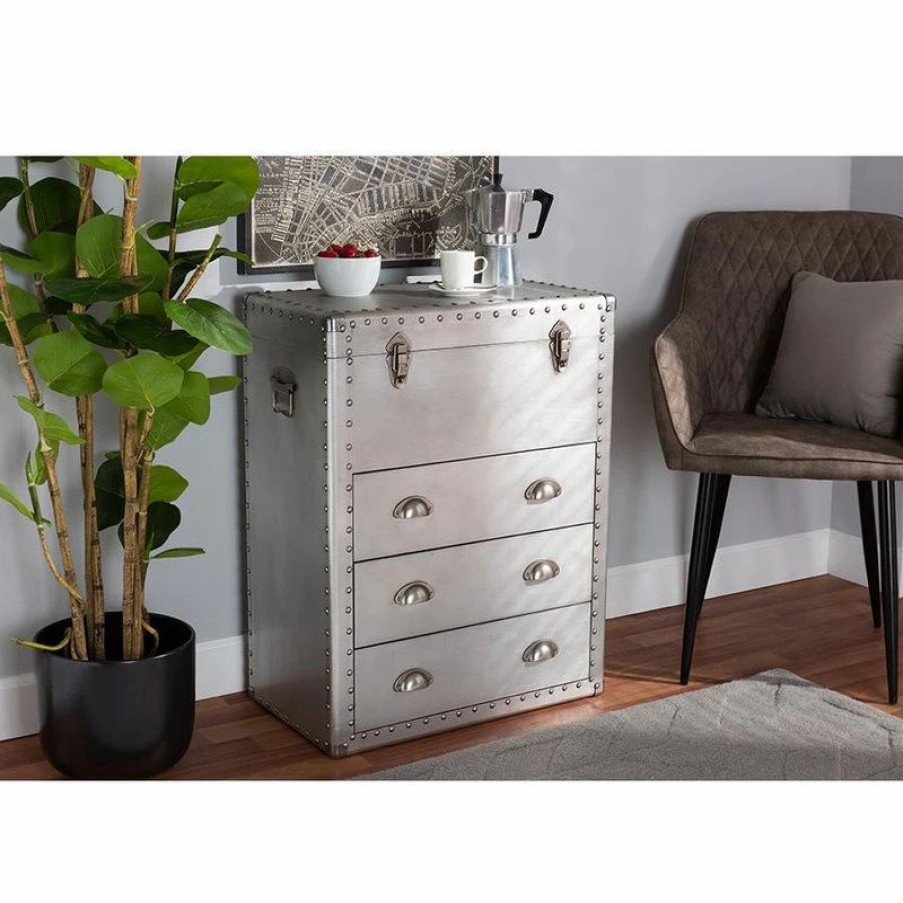 Accent Chests & Cabinets * | Baxton Studio Serge French Industrial Silver Metal 3-Drawer Accent Storage Chest