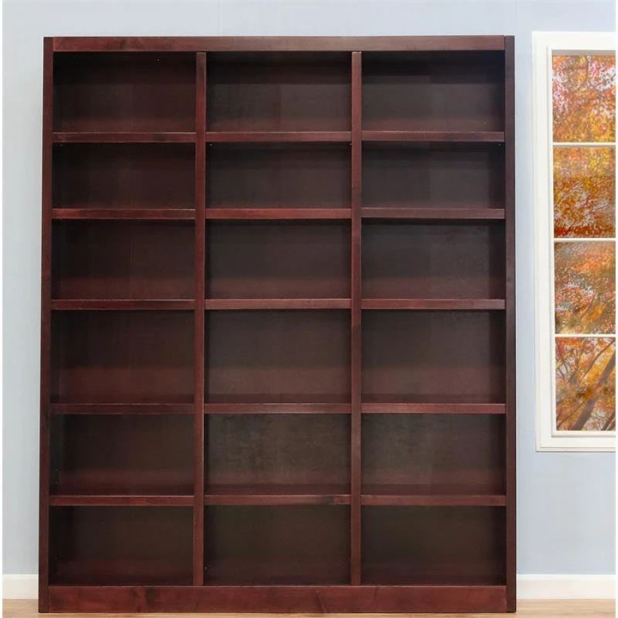 Bookcases * | Concepts In Wood Traditional 84 Tall 18-Shelf Triple Wide Wood Bookcase In Cherry