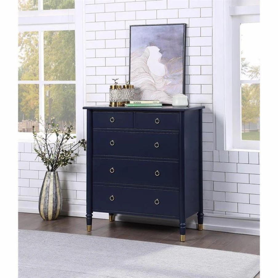 Dressers * | Comfort Pointe Jillian Midnight Blue Wood 5-Drawer Chest