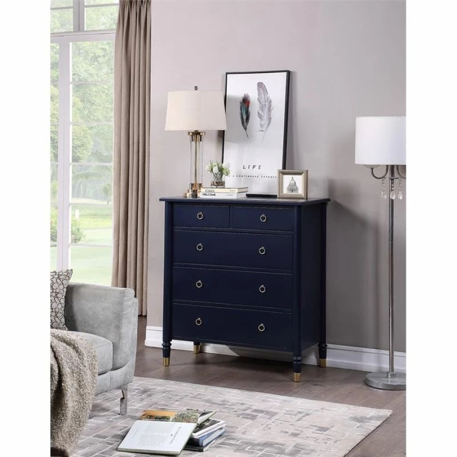 Dressers * | Comfort Pointe Jillian Midnight Blue Wood 5-Drawer Chest