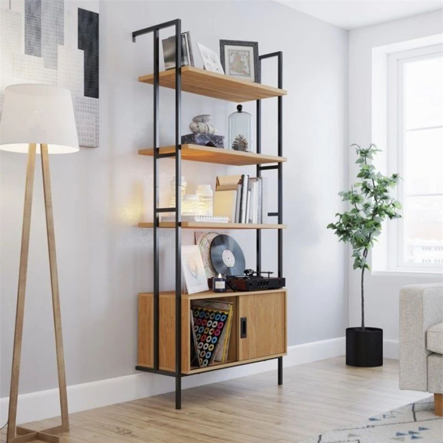 Bookcases * | Sauder New Hyde Engineered Wood Wall Mounted Bookcase In Serene Walnut