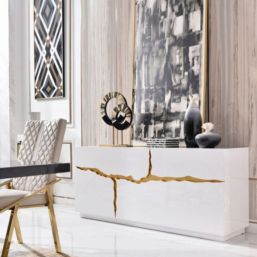 Buffets & Sideboards * | Ms Furniture Piaz Sideboard, Luxe Glam Buffet Cabinet Gold Credenza, White