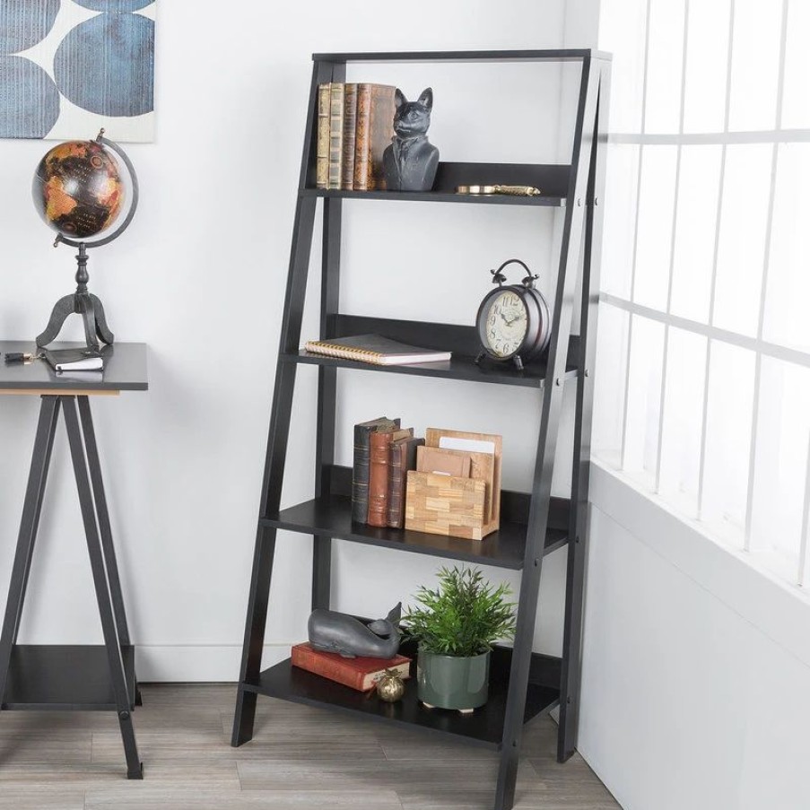 Bookcases * | Walker Edison 55 Wood Ladder Bookshelf, Black