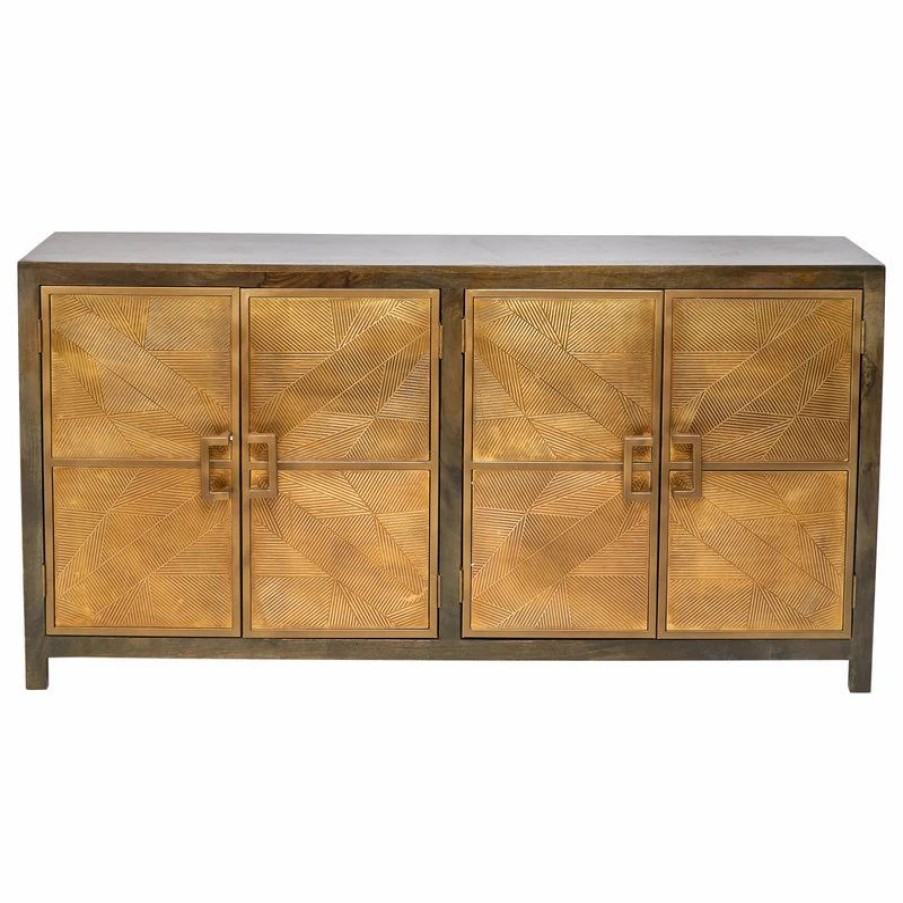 Buffets & Sideboards * | Sideboards And Things India 80 Slim Geometric Pattern 4 Brass Doors Wood Base Sideboard Buffet Greece