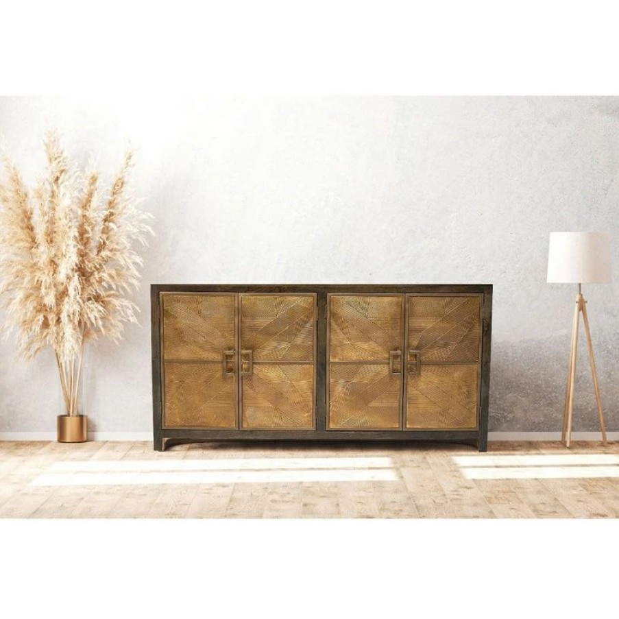 Buffets & Sideboards * | Sideboards And Things India 80 Slim Geometric Pattern 4 Brass Doors Wood Base Sideboard Buffet Greece