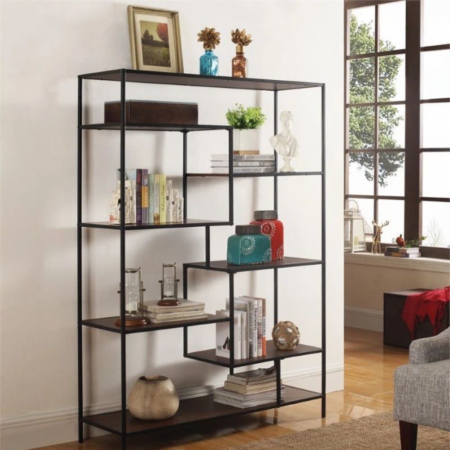 Bookcases * | Coaster Home Furnishings Coaster 48 Casual Staggered Metal Bookcase In Walnut And Black