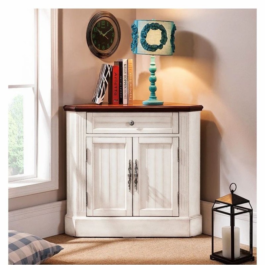 Accent Chests & Cabinets * | Homary Farmhouse Corner Accent Cabinet Distressed Triangle Cabinet With Doors White