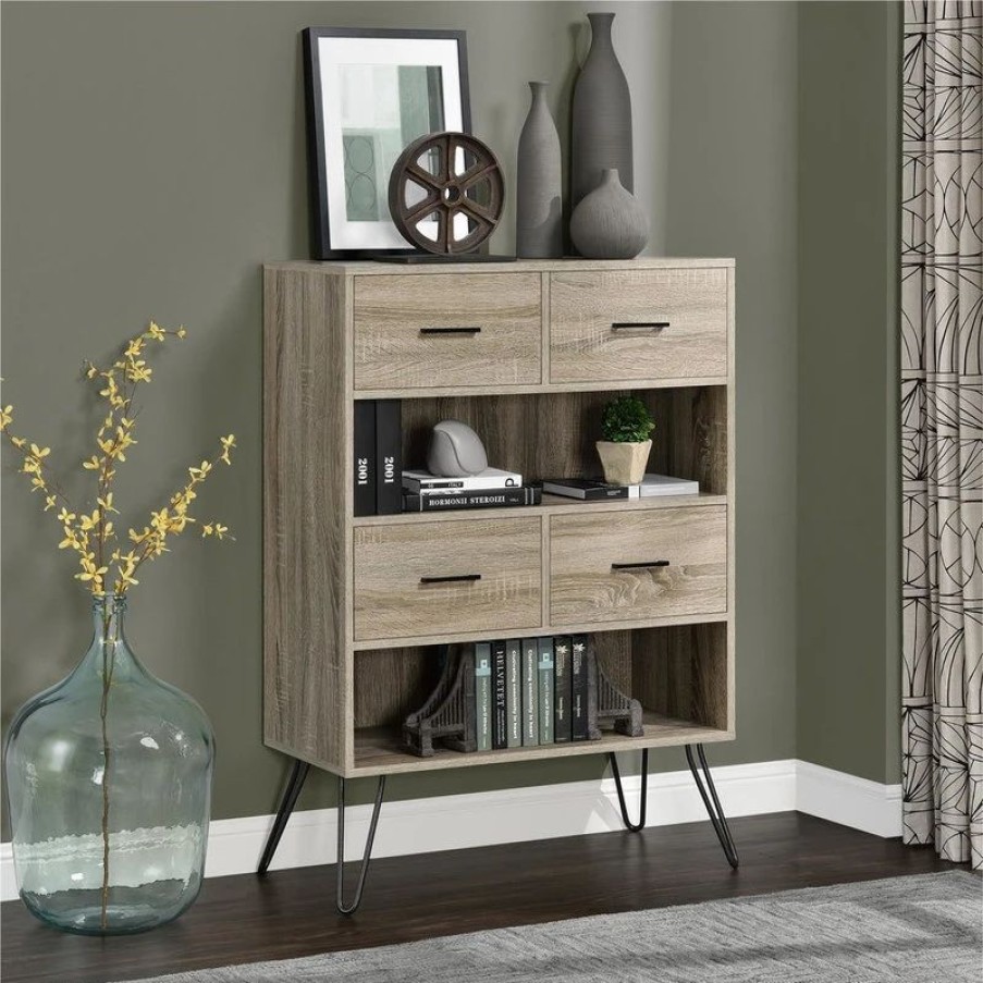 Bookcases * | A Design Studio Lucas Bookcase With Bins, Weathered Oak