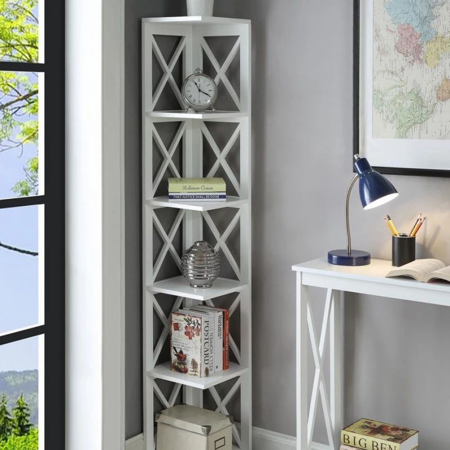 Bookcases * | Convenience Concepts Oxford 5 Tier Corner Bookcase With White Finish S20-161