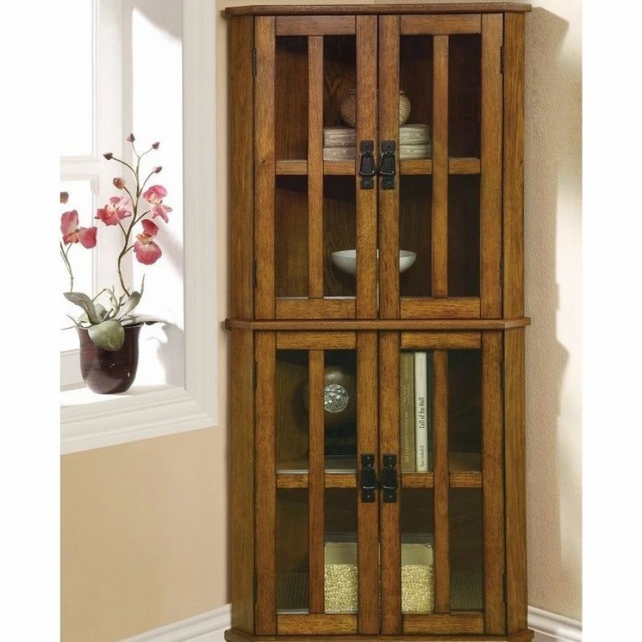 China Cabinets & Hutches * | Benzara, Woodland Imprts, The Urban Port Corner Curio Cabinet With Windowpane-Style Door Fronts, Brown