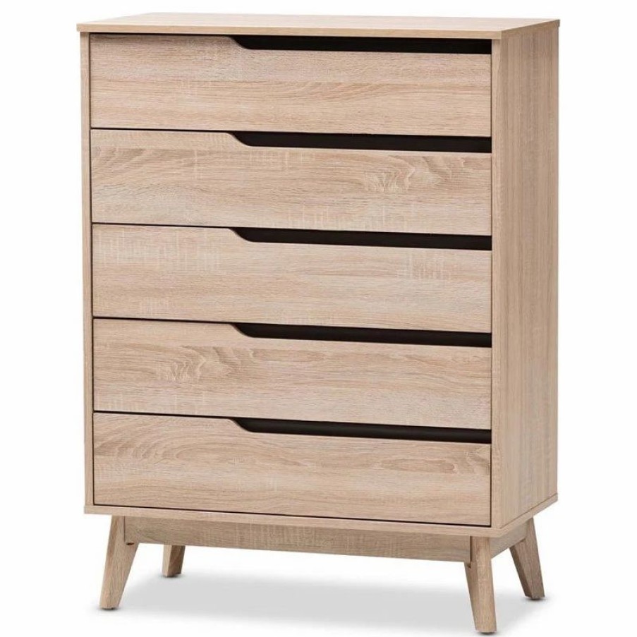 Accent Chests & Cabinets * | Baxton Studio Fella 5 Drawer Wood Chest In Light Brown And Gray