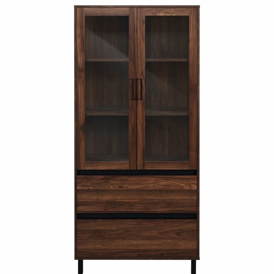 China Cabinets & Hutches * | Walker Edison Clark 68 Glass Door Storage Hutch Dark Walnut