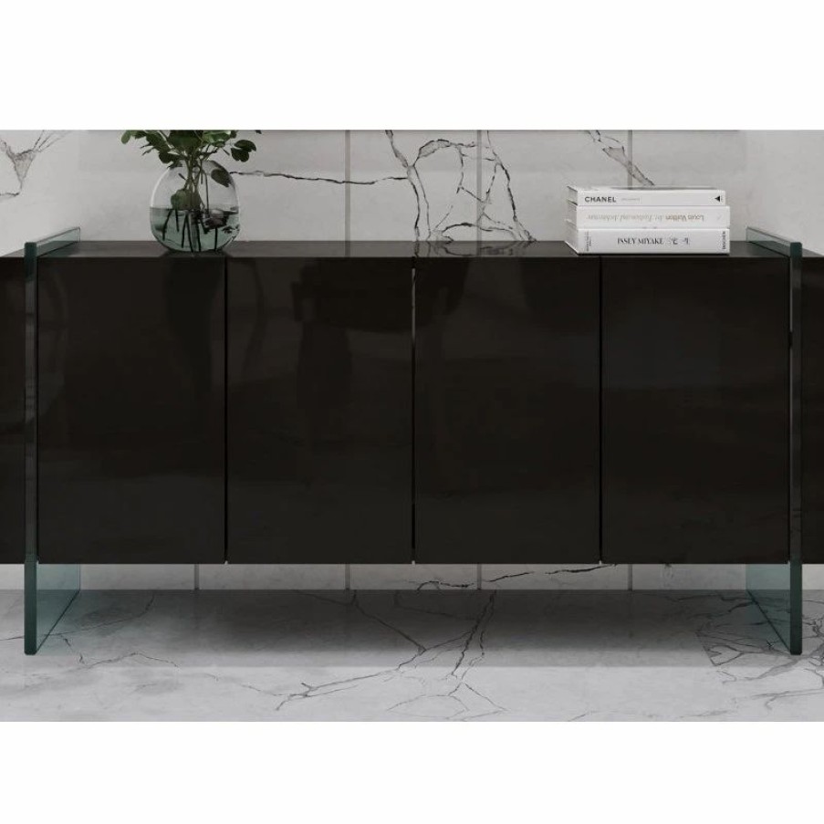 Buffets & Sideboards * | Zuri Furniture Modern Art Buffet Black Lacquer Cabinets Tempered Glass Base