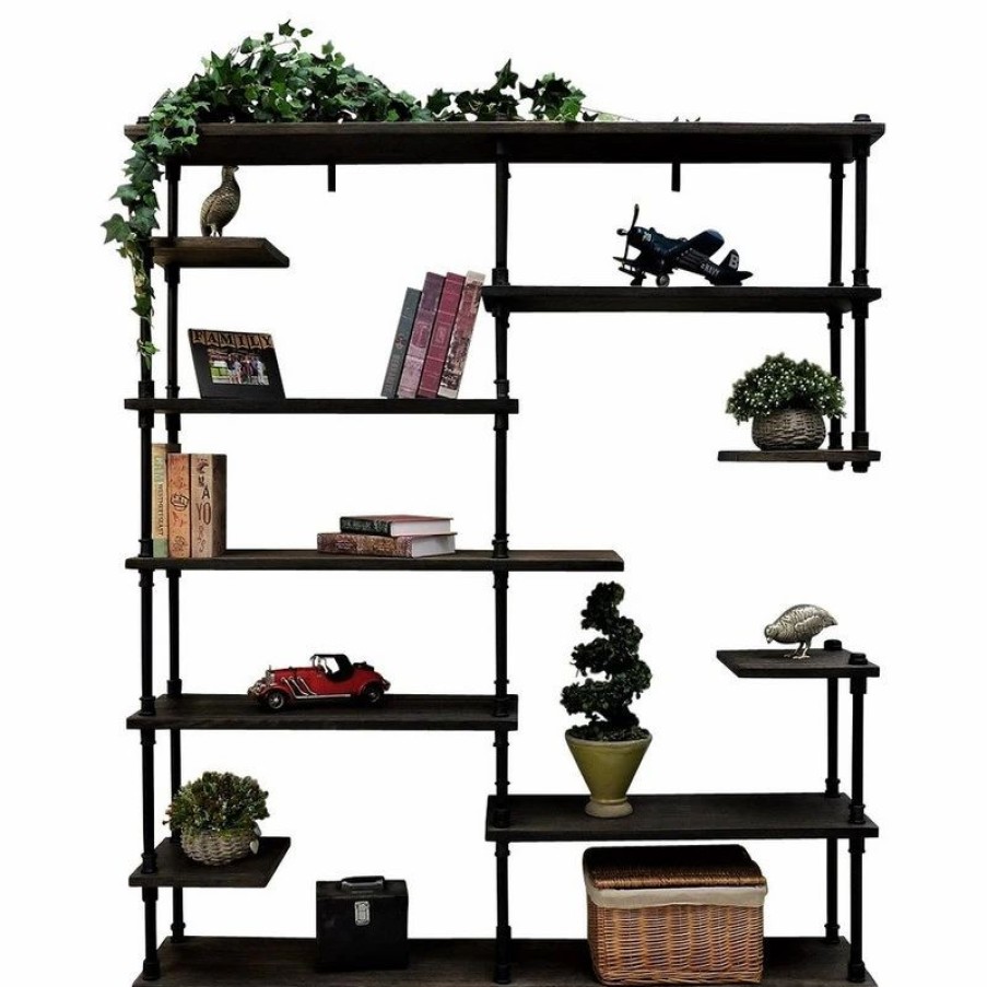 Bookcases * | Furniture Pipeline Nashville Industrial Mid-Century Etagere Bookcase,Black Metals & Espresso Wood