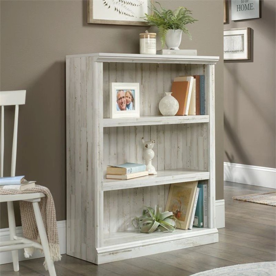 Bookcases * | Sauder Misc Storage Contemporary 3-Shelf Wood Bookcase In White Plank