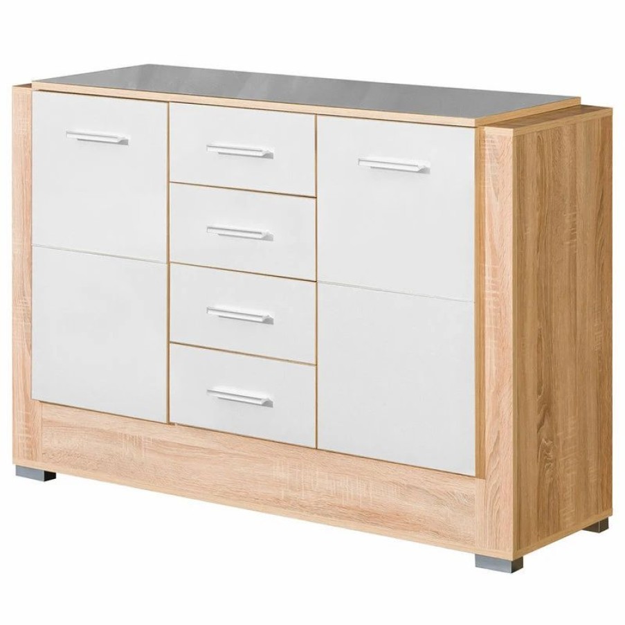 Buffets & Sideboards * | Maxima House Carmelo Latte Gloss/Sonoma Oak Sideboard, White/Sonoma Oak