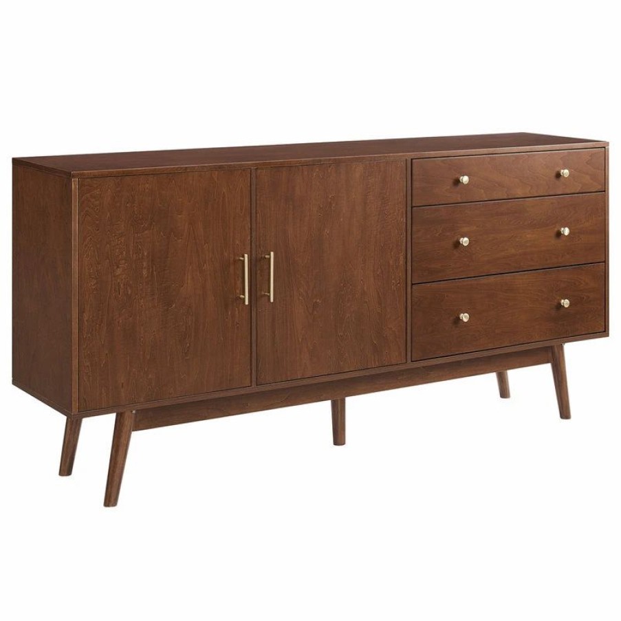 Buffets & Sideboards * | Walker Edison 70 Mid Century Modern 3 Drawer, 2 Door Sideboard, Walnut