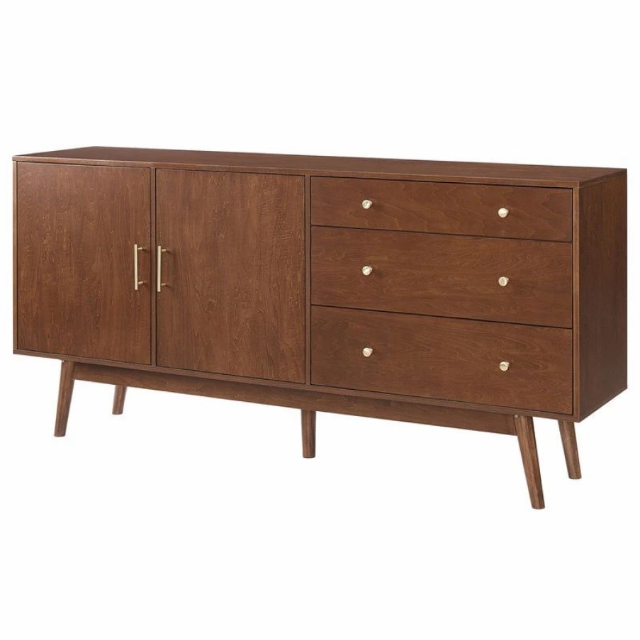 Buffets & Sideboards * | Walker Edison 70 Mid Century Modern 3 Drawer, 2 Door Sideboard, Walnut