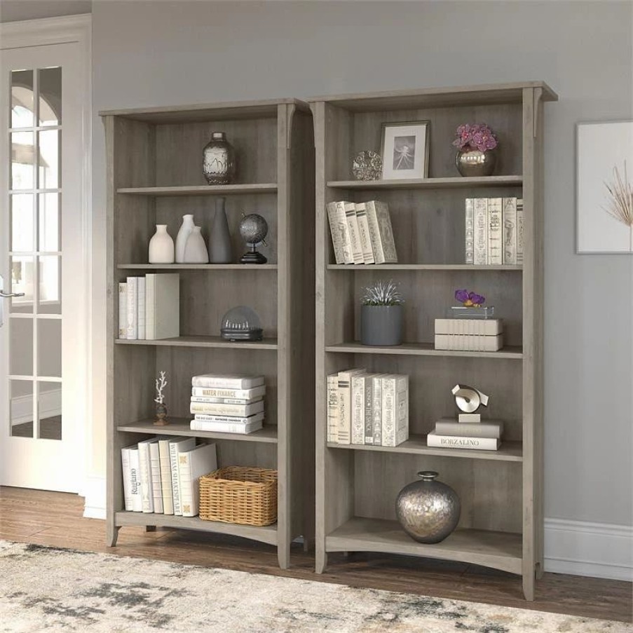 Bookcases * | Bush Business Furniture Salinas Tall 5 Shelf Bookcase Set Of 2 In Driftwood Gray Engineered Wood