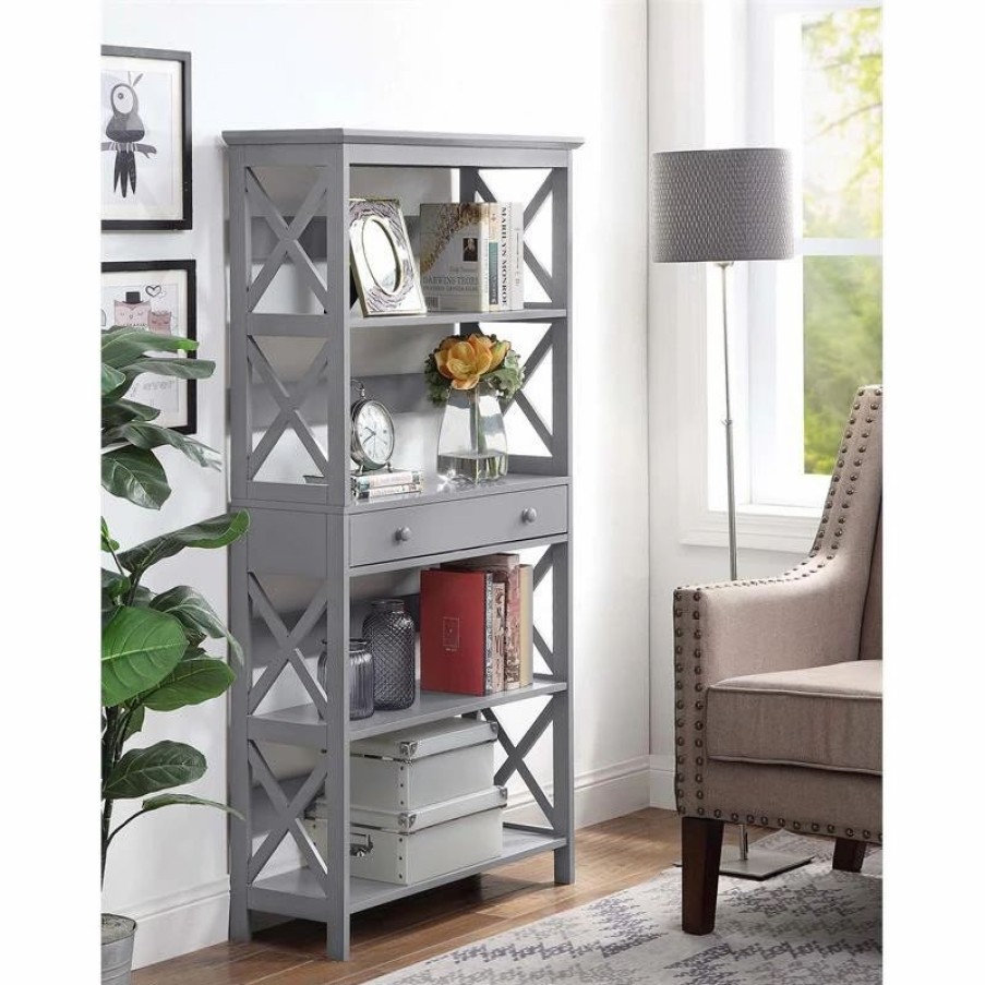 Bookcases * | Convenience Concepts Oxford Five-Tier Bookcase With Drawer In Gray Wood Finish