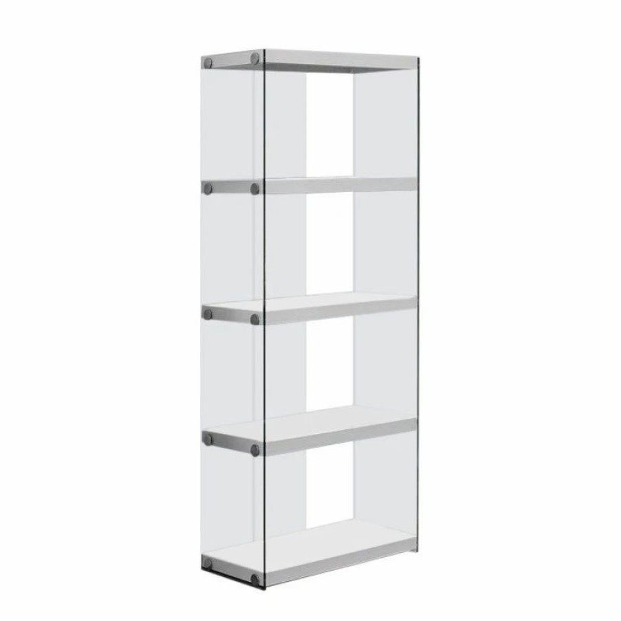 Bookcases * | Monarch Specialties Etagere 5 Tier 60 H Office Bedroom Tempered Glass Laminate Glossy White Clear